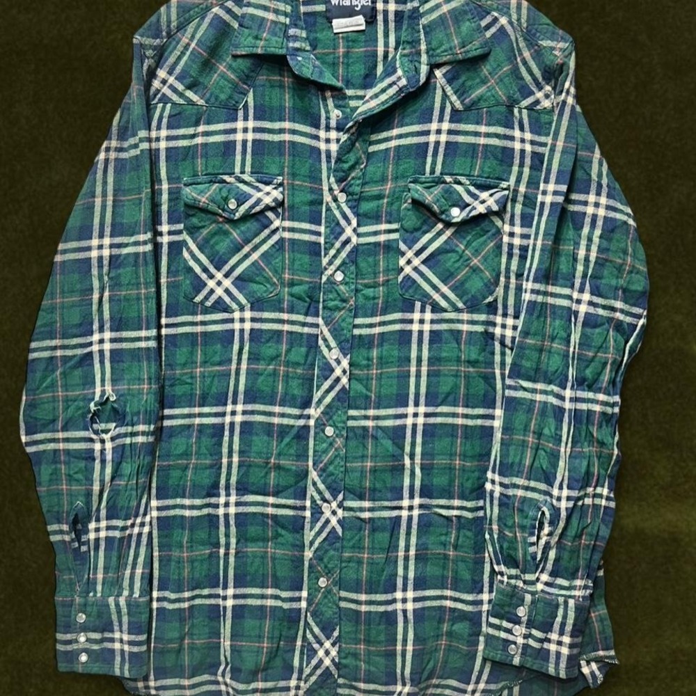 Wrangler Western Pearl Snap Flannel – Distressed Blue/Green – Large Tall
